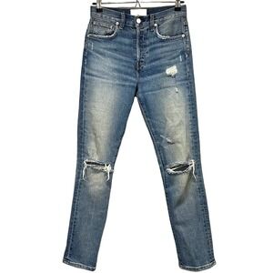 CQY DENIM Distressed‎ High Rise Straight Leg Button Fly Jeans • 25 • blue